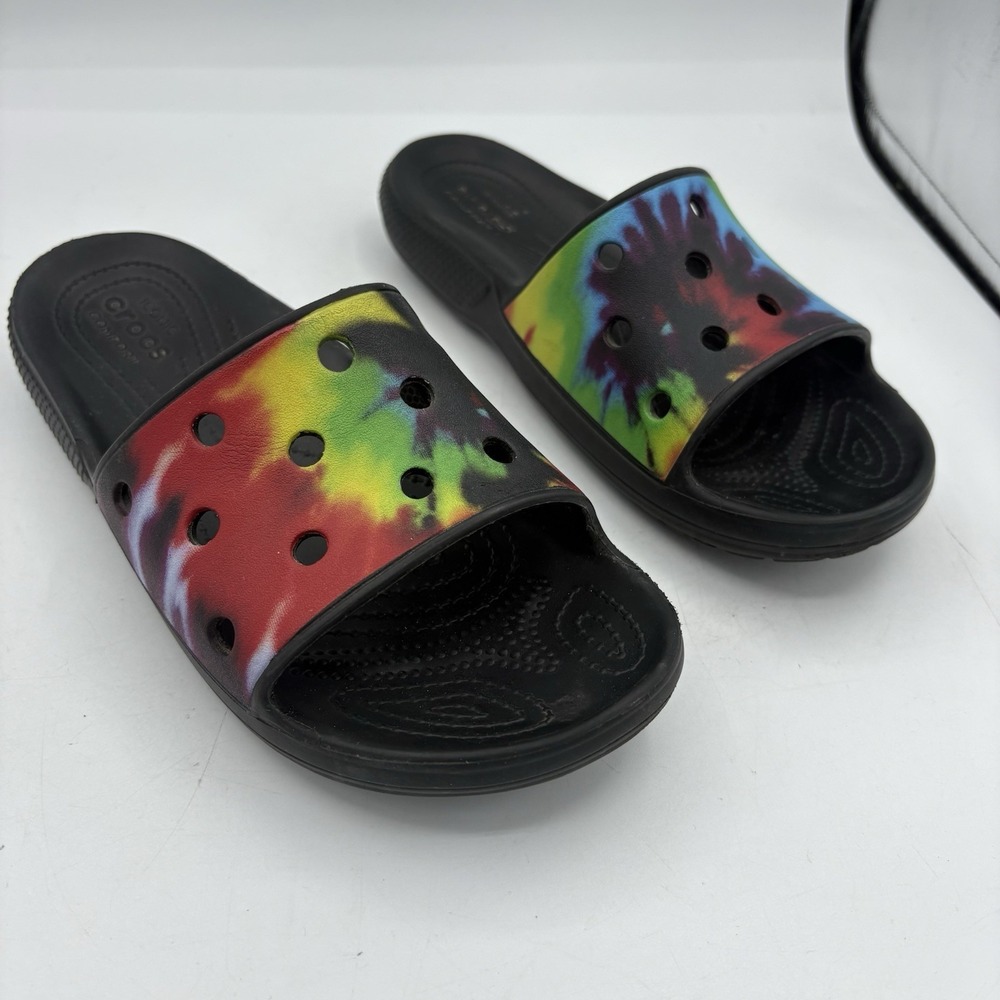 Crocs Sandals Womens Size 8 Mens 6 Unisex Black Classic Tie Dye Graphic Slide